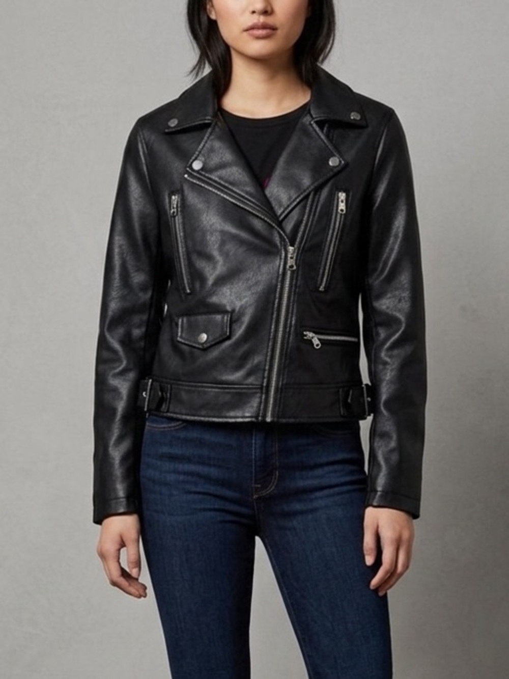 Love Tree NEW Sleek Black Faux Leather Moto Jacket with Crimson Lining
